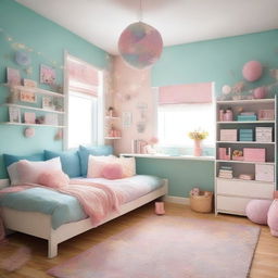 A cozy bedroom designed for a 13-year-old girl, featuring pastel colors, a comfortable bed with decorative pillows, a study desk with a laptop, bookshelves with various books and toys, and fairy lights hanging around the room