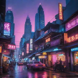 Thai cityscape transformed into a cyberpunk scene, combining elements of traditional Thail architecture and culture with neon vibrancy and futuristic technology.