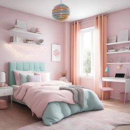 A cozy bedroom designed for a 13-year-old girl, featuring pastel colors, a comfortable bed with decorative pillows, a study desk with a laptop, bookshelves with various books and toys, and fairy lights hanging around the room