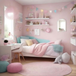 A cozy bedroom designed for a 13-year-old girl, featuring pastel colors, a comfortable bed with decorative pillows, a study desk with a laptop, bookshelves with various books and toys, and fairy lights hanging around the room