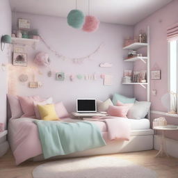 A cozy bedroom designed for a 13-year-old girl, featuring pastel colors, a comfortable bed with decorative pillows, a study desk with a laptop, bookshelves with various books and toys, and fairy lights hanging around the room