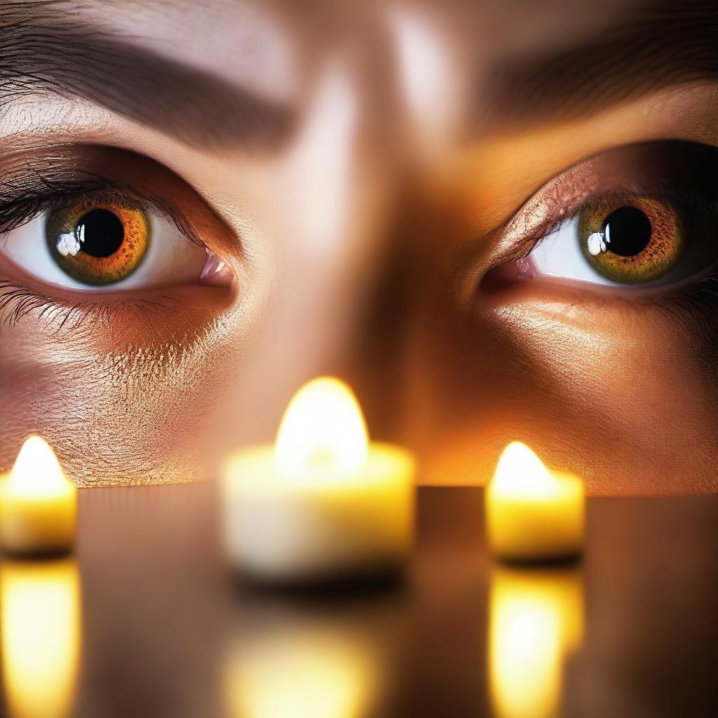 A close-up of eyes with the reflection of moving candles visible within them