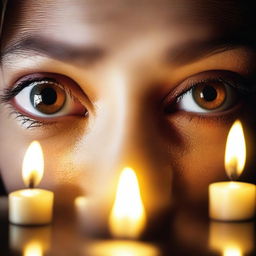 A close-up of eyes with the reflection of moving candles visible within them