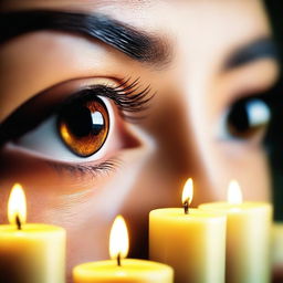 A close-up of eyes with the reflection of moving candles visible within them