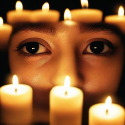 A close-up of eyes with the reflection of moving candles visible within them