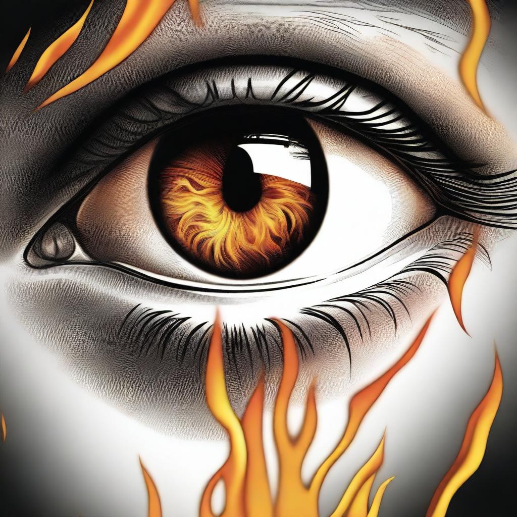 A detailed drawing of eyes with flames reflecting in them