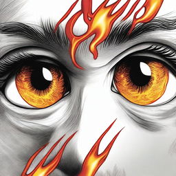 A detailed drawing of eyes with flames reflecting in them