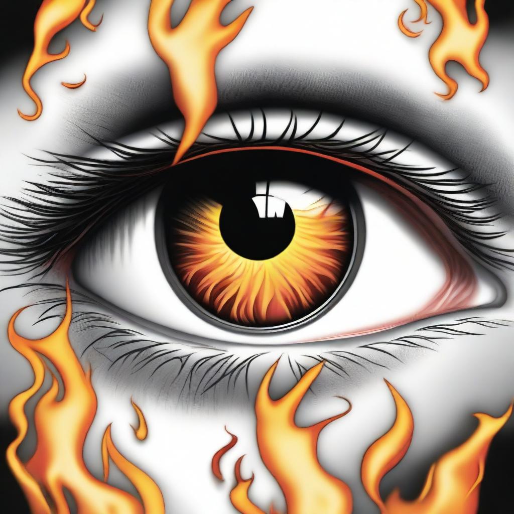 A detailed drawing of eyes with flames reflecting in them