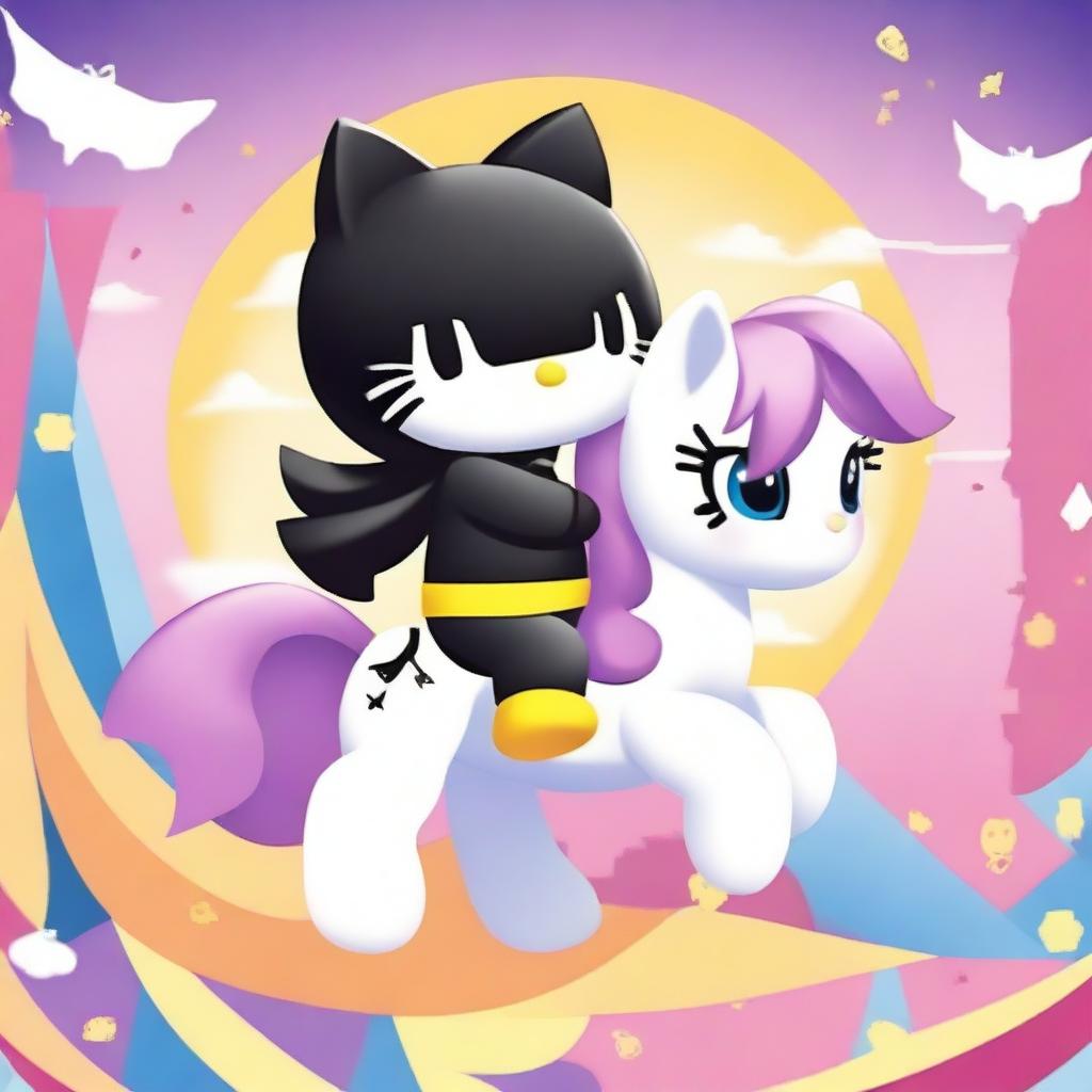 Create an image of Hello Kitty dressed in a Batman suit, riding on My Little Pony's Rarity