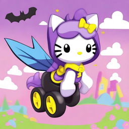 Create an image of Hello Kitty dressed in a Batman suit, riding on My Little Pony's Rarity