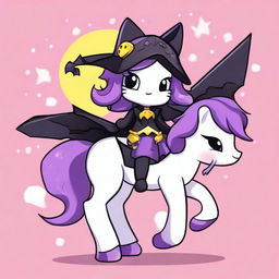 Create an image of Hello Kitty dressed in a Batman suit, riding on My Little Pony's Rarity