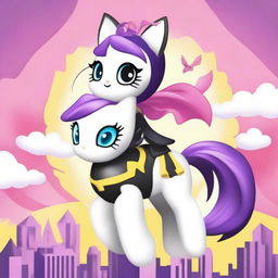 Create an image of Hello Kitty dressed in a Batman suit, riding on My Little Pony's Rarity