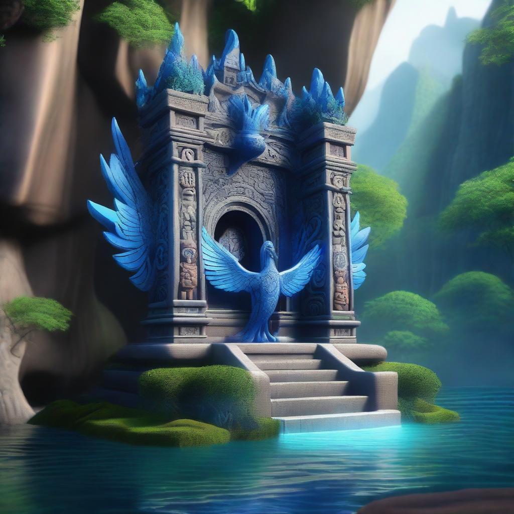 A majestic blue phoenix shrine carved into the side of a gorge