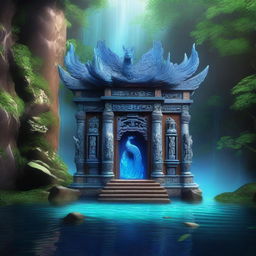 A majestic blue phoenix shrine carved into the side of a gorge