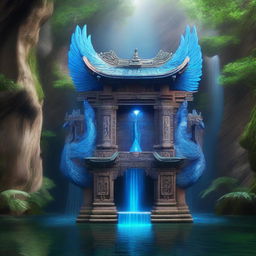 A majestic blue phoenix shrine carved into the side of a gorge