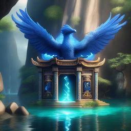 A majestic blue phoenix shrine carved into the side of a gorge