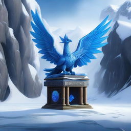 A majestic blue phoenix shrine intricately carved into the side of a gorge in a tundra area