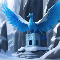 A majestic blue phoenix shrine intricately carved into the side of a gorge in a tundra area