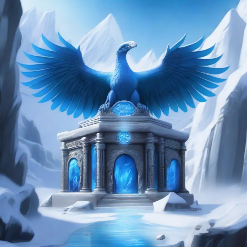 A majestic blue phoenix shrine intricately carved into the side of a gorge in a tundra area