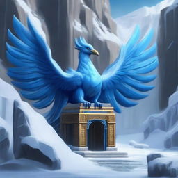 A majestic blue phoenix shrine intricately carved into the side of a gorge in a tundra area