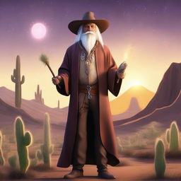 A wizard cowboy standing in a mystical desert landscape, wearing a long robe and a cowboy hat, holding a magical staff with glowing runes