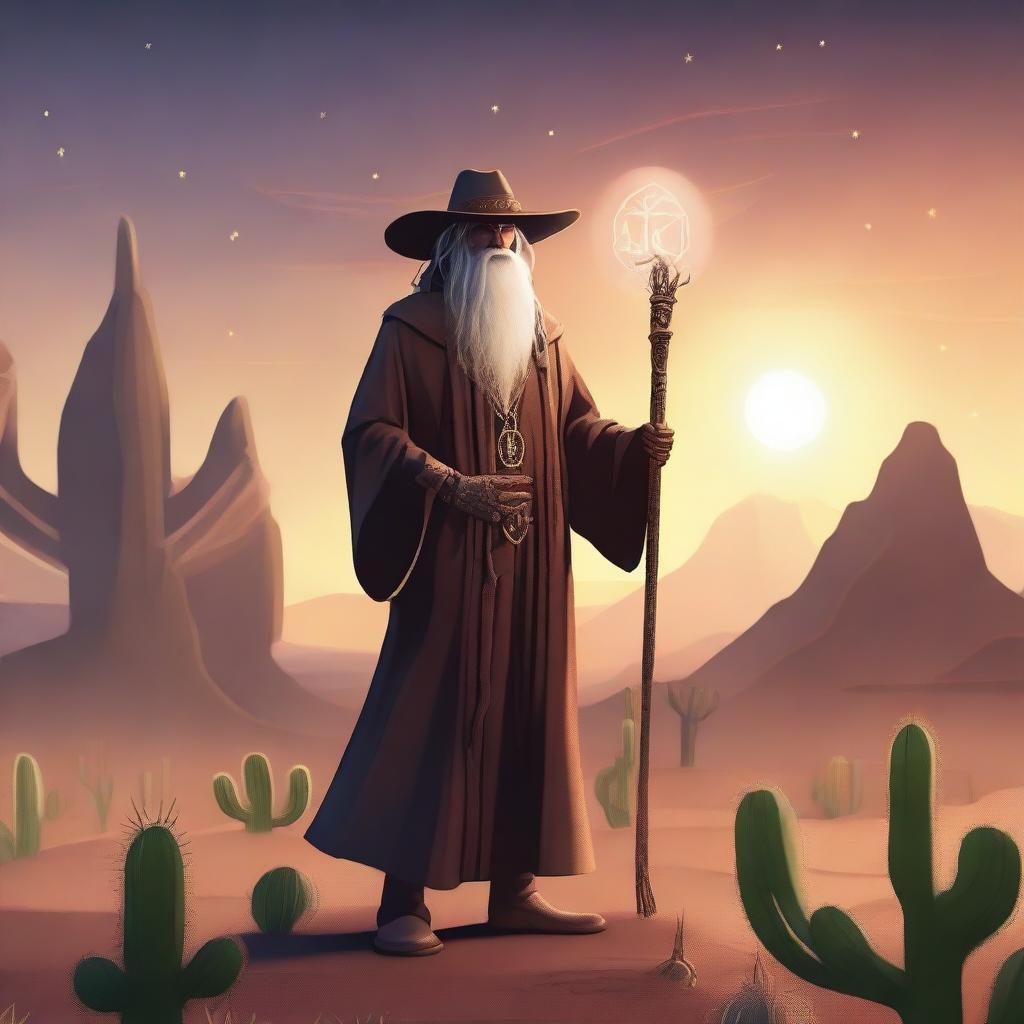 A wizard cowboy standing in a mystical desert landscape, wearing a long robe and a cowboy hat, holding a magical staff with glowing runes