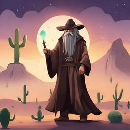 A wizard cowboy standing in a mystical desert landscape, wearing a long robe and a cowboy hat, holding a magical staff with glowing runes