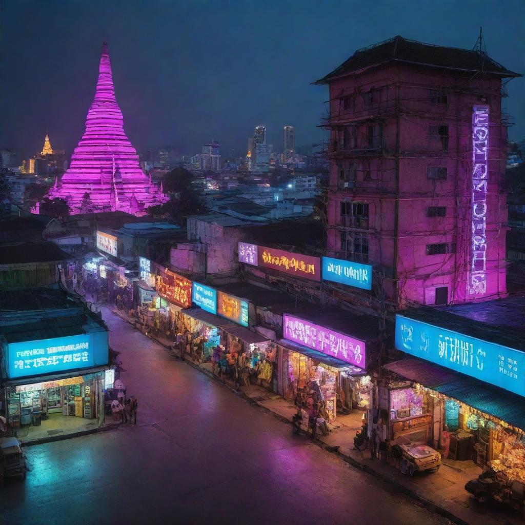 Myanmar re-envisioned in a cyberpunk style, fusing traditional Myanmar landscapes and architecture with an array of neon lights, futuristic technology, and high-tech city elements.