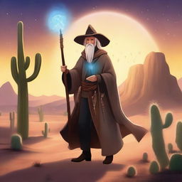 A wizard cowboy standing in a mystical desert landscape, wearing a long robe and a cowboy hat, holding a magical staff with glowing runes