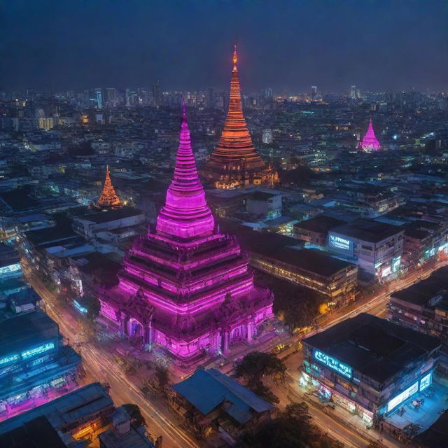 Myanmar re-envisioned in a cyberpunk style, fusing traditional Myanmar landscapes and architecture with an array of neon lights, futuristic technology, and high-tech city elements.