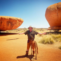 A man from Australia, standing in front of notable Australian landmarks, wearing traditional outback attire.