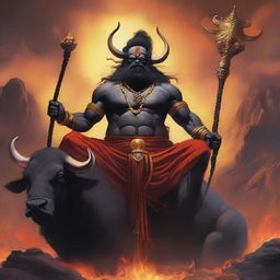 Yamraj, the god of death, is sitting majestically on a powerful buffalo