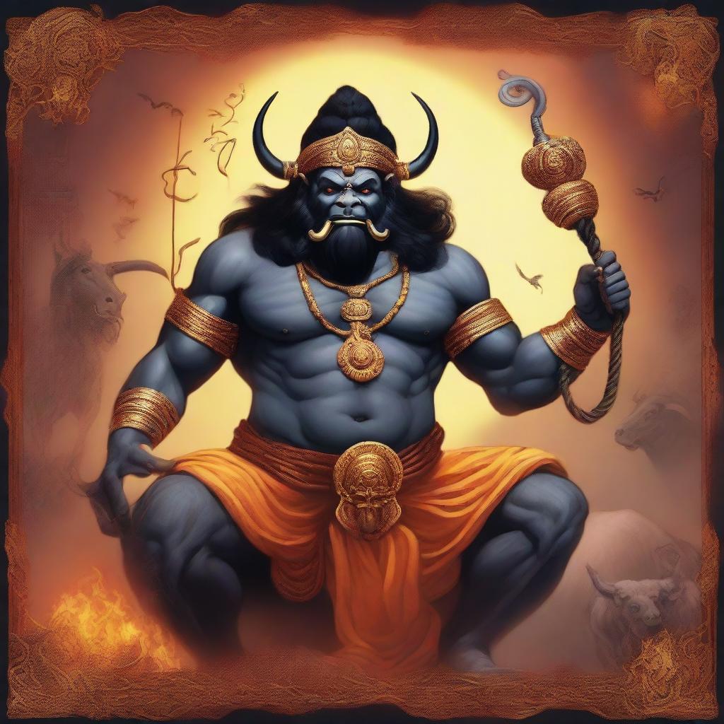 Yamraj, the god of death, is sitting majestically on a powerful buffalo