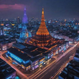 Myanmar re-envisioned in a cyberpunk style, fusing traditional Myanmar landscapes and architecture with an array of neon lights, futuristic technology, and high-tech city elements.