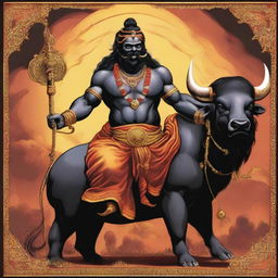 Yamraj, the god of death, is sitting majestically on a powerful buffalo