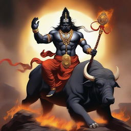 Yamraj, the god of death, is sitting majestically on a powerful buffalo