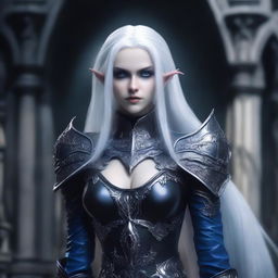 A female dark elf with blue eyes and long, straight white hair