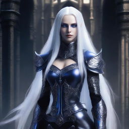 A female dark elf with blue eyes and long, straight white hair