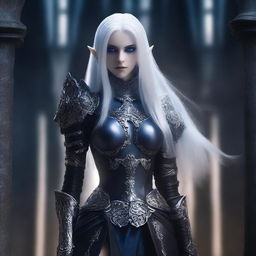 A female dark elf with blue eyes and long, straight white hair