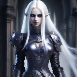 A female dark elf with blue eyes and long, straight white hair