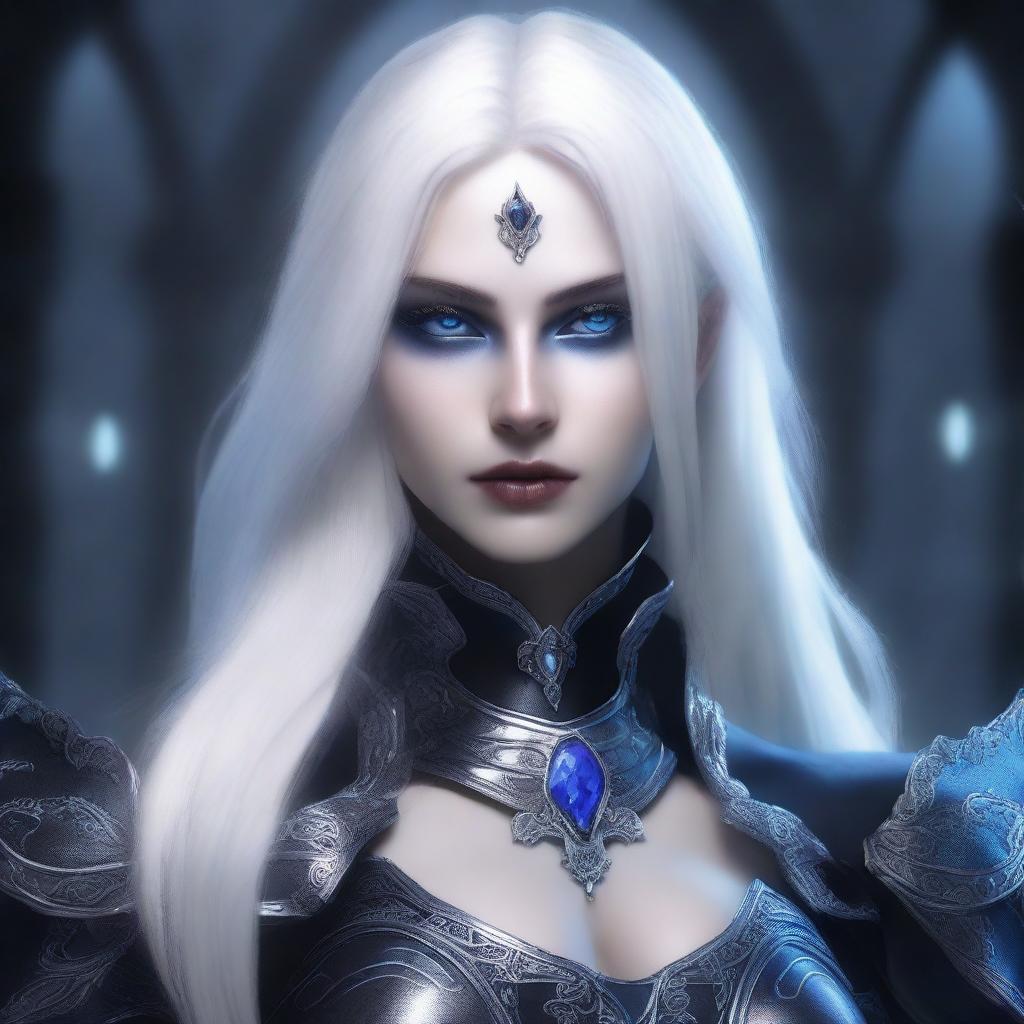 A female drow with blue eyes and long, straight white hair