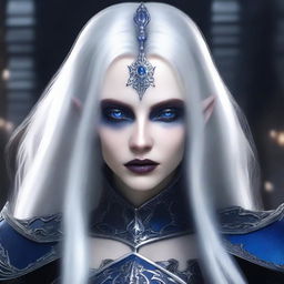 A female drow with blue eyes and long, straight white hair