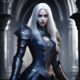 A female drow with blue eyes and long, straight white hair