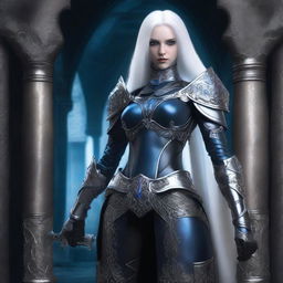 A female drow with blue eyes and long, straight white hair