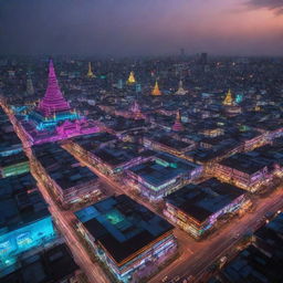 Myanmar re-envisioned in a cyberpunk style, fusing traditional Myanmar landscapes and architecture with an array of neon lights, futuristic technology, and high-tech city elements.