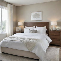 A modern and stylish bedroom filled with natural light, having a comfortable king-size bed, a wooden dresser, accented by chic wall art, and soft-white draperies.