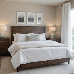 A modern and stylish bedroom filled with natural light, having a comfortable king-size bed, a wooden dresser, accented by chic wall art, and soft-white draperies.