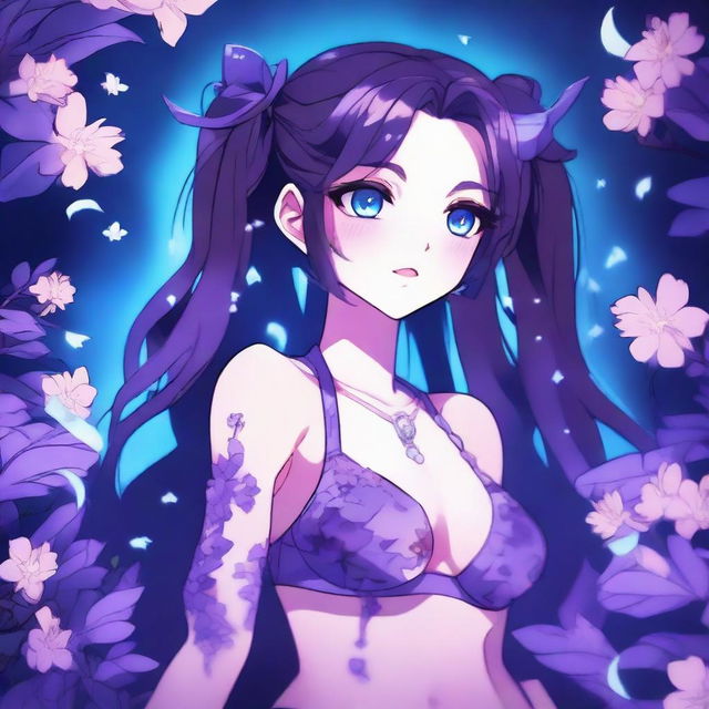 Create an anime-style illustration featuring a half-demon girl with long hair styled in two pigtails