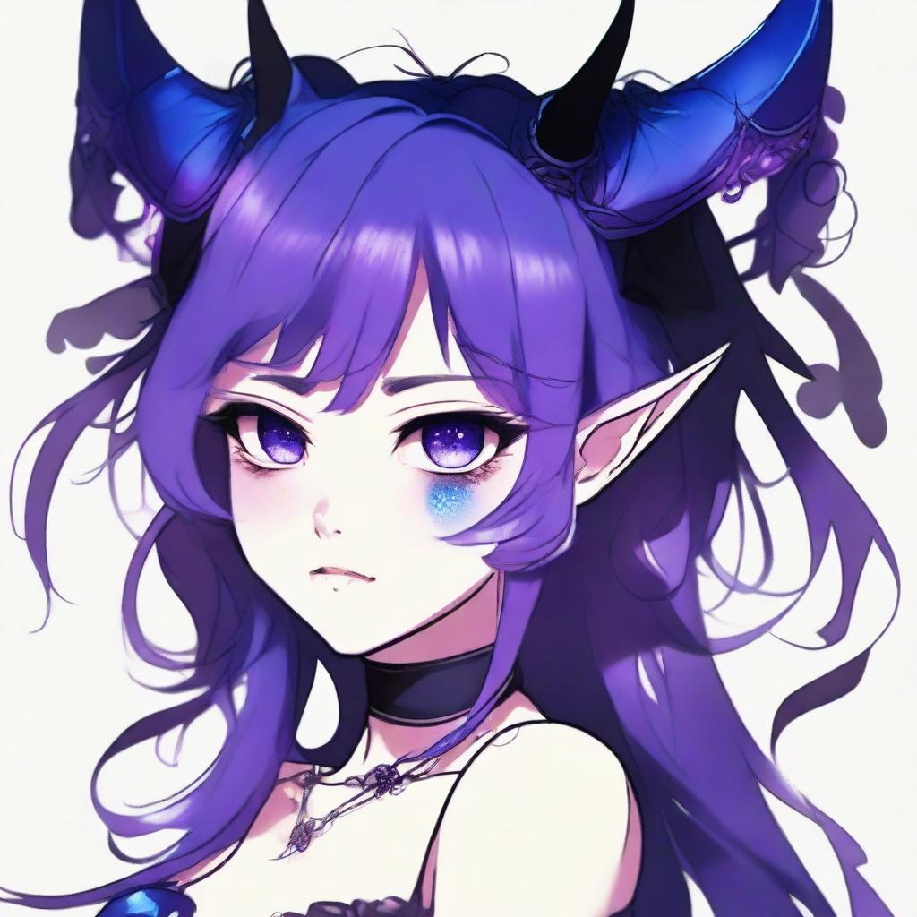 Ilustración de estilo anime de una chica mitad demonio con cabello largo en dos coletas