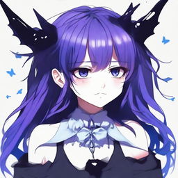 Ilustración de estilo anime de una chica mitad demonio con cabello largo en dos coletas